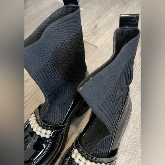 Elegant Women's Platform Sock Boots with Pearl Detail Black size 38 - Picture 3 of 11